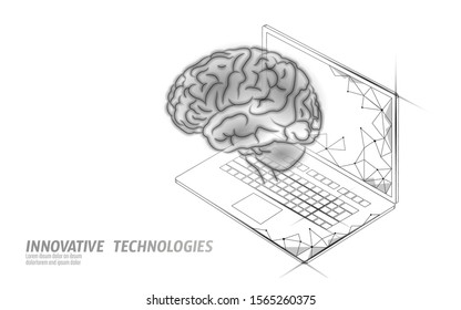 Virtual assistant voice recognition service technology. AI artificial intelligence robot support. Chatbot brain on laptop system low poly vector illustration