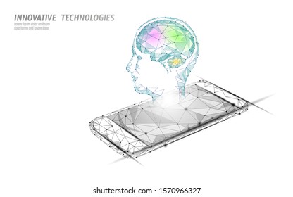 Virtual assistant voice recognition service technology. AI artificial intelligence robot support. Chatbot brain on smartphone system low poly vector illustration