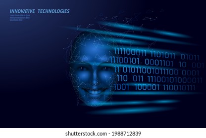 Virtual assistant voice recognition service technology. AI artificial intelligence robot support. Chatbot beautiful female face low poly vector illustration