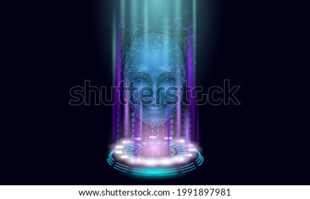 Virtual assistant voice recognition service technology. AI artificial intelligence robot support. Chatbot beautiful female face low poly vector illustration