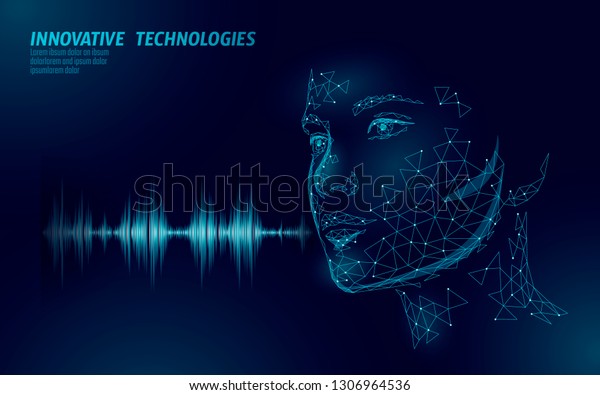 仮想アシスタント音声認識サービステクノロジ Ai 人工知能ロボットのサポート チャットボットの美しい女性の顔の低ポリベクターイラスト のベクター画像素材 ロイヤリティフリー