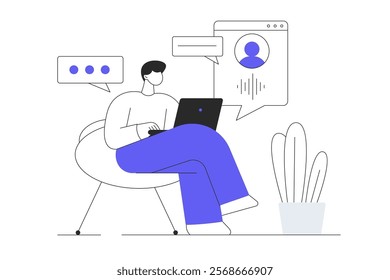 Virtual assistant web concept. Chatting and speaking with artificial intelligence voice agent from technical support service. Flat Cartoon Vector Illustration, icon. Stylish abstract