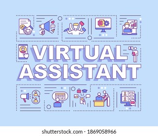 Virtual assistant word concepts banner. Independent contractor. Administrative services. Infographics with linear icons on blue background. Isolated typography. Vector outline RGB color illustration