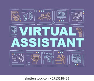 Virtual assistant word concepts banner. Freelancer, subcontractor. Administrative work. Infographics with linear icons on violet background. Isolated typography. Vector outline RGB color illustration