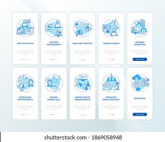 Virtual assistant work blue onboarding mobile app page screen with concepts set. Freelance job walkthrough 5 steps graphic instructions. UI vector template with RGB color illustrations collection