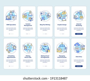 Virtual assistant work onboarding mobile app page screen with concepts set. Freelance job walkthrough 5 steps graphic instructions. UI vector template with RGB color illustrations collection