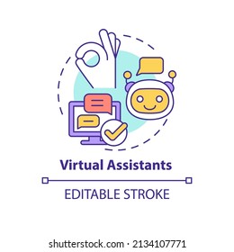 Virtual assistants concept icon. Usage of AI in marketing. Advertising trend abstract idea thin line illustration. Isolated outline drawing. Editable stroke. Arial, Myriad Pro-Bold fonts used
