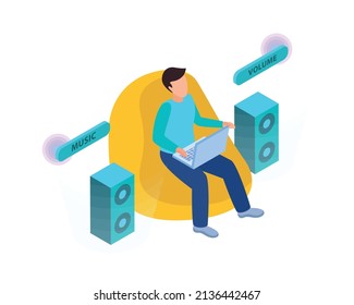 Virtual augmented information isometric composition with man sitting on soft chair listening to surround sound vector illustration