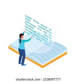 Virtual augmented information isometric composition with woman reading and editing holographic text with open book vector illustration