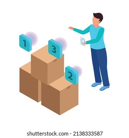 Virtual augmented information isometric composition with character of man moving boxes with smartphone vector illustration