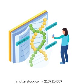 Virtual augmented information isometric composition with female character with smartphone tags book and dna structure vector illustration