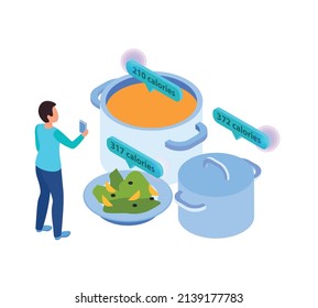 Virtual augmented information isometric composition with character of man checking food calories with smartphone application vector illustration