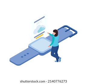 Virtual augmented information isometric composition with female character with smart watch and holographic weather widget vector illustration
