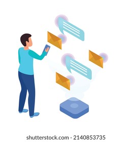 Virtual augmented information isometric composition with character of man with holographic letter envelopes and chat bubbles vector illustration