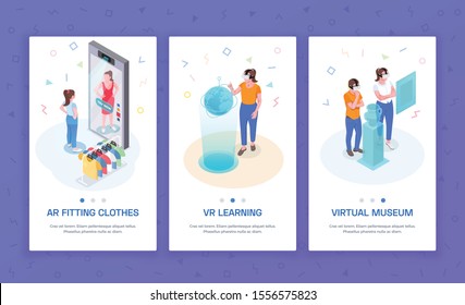 Virtual augmented reality 3 isometric vertical banners with ar trying on clothes learning vr museum vector illustration 