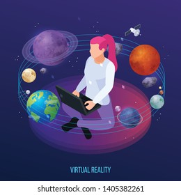 Virtual augmented reality 360 degree isometric composition with female human character surrounded by solar system planets vector illustration