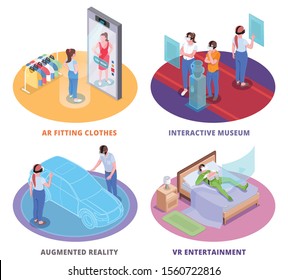 Virtual augmented reality 4 round isometric compositions with ar clothes fitting room interactive museum  entertainment vector illustration 