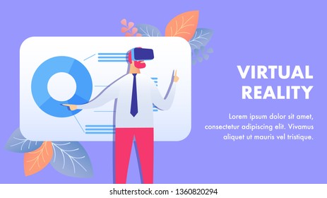 Virtual, Augmented Reality Banner Vector Template. Businessman Wearing Headset Cartoon Character. VR Business Presentation, Report. AR Interface with Market Metrics. Flat Illustration with Text Space