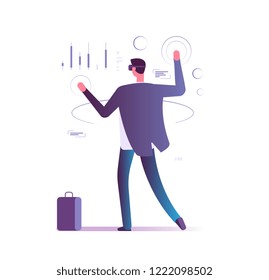 Virtual augmented reality business concept. Man with vr gadgets manages e-account. Future banking technologies vector illustration