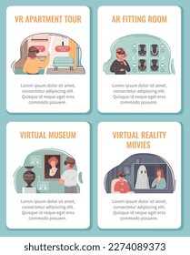 Virtual augmented reality cartoon banner set with cyberspace museums and movies isolated vector illustration