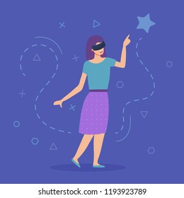 Virtual and augmented reality character. Girl in virtual glasses tries to touch the image of star. Abstract vr world around. Entertainment concept. Vector illustration, flat style.