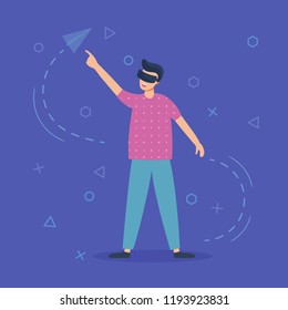 Virtual and augmented reality character. Man in 3d glasses trying to touch virtual paper plane. Abstract vr world around. Education concept. Vector illustration, flat style.