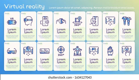 Virtual and augmented reality color linear vector icons set. 360 degree image, video and games. Panorama, VR helmet, rotation arrows, modeling, simulation. Future technologies