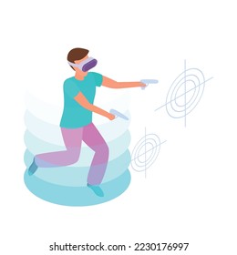 Virtual augmented reality composition with human character engaged in vr activity surrounded by holographic isometric icons vector illustration