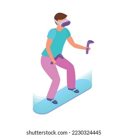 Virtual augmented reality composition with human character engaged in vr activity surrounded by holographic isometric icons vector illustration