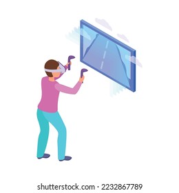 Virtual augmented reality composition with human character engaged in vr activity surrounded by holographic isometric icons vector illustration