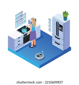 Virtual augmented reality composition with woman cooking in kitchen with smart electronic appliances 3d vector illustration