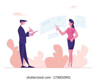 Virtual Augmented Reality Concept. Female Character Touching Interactive Interface for Working or Searching Data Man Writing. Futuristic Vr Technologies in Business. Cartoon People Vector Illustration
