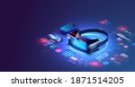Virtual or augmented reality concept in isometric vector illustration. VR, AR glasses connection to network. Can be used as website poster or landing page design. 3D VR glasses on blue grid. UI, UX