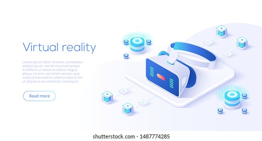 Virtual or augmented reality concept in isometric vector illustration. VR/AR glasses connection to network. Headset technology web banner layout template for website or social media.