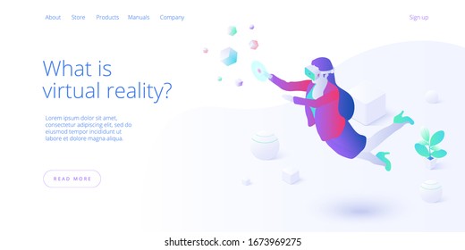 Virtual or augmented reality concept in isometric vector illustration. Woman with VR/AR glasses. Female with headset technology. Web banner layout template for website or social media.