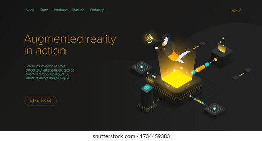 Virtual or augmented reality concept in isometric vector illustration. Woman with VR/AR glasses. Female with headset technology. Web banner layout template for website or social media.