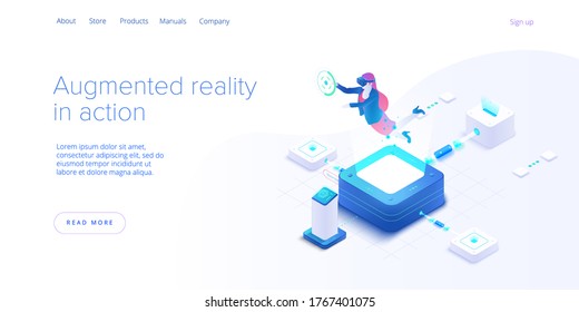 Virtual or augmented reality concept in isometric vector illustration. Woman with VR/AR glasses. Female with headset technology. Web banner layout template for website or social media.