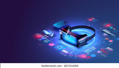 Virtual or augmented reality concept in isometric vector illustration. VR, AR glasses connection to network. Can be used as website poster or landing page design. 3D VR glasses on blue grid. UI, UX