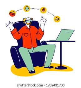 Virtuelles und erweitertes Realitätskonzept. Männlicher Charakter in Vr Goggles Touch Interactive Interface für Arbeiten und Online-Lernen. Futuristische Bildung Unterhaltung, Lernen. Illustration der linearen Vektorillustration