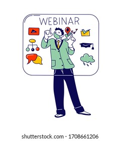Virtual Augmented Reality Concept. Male Character in Medical Mask Touching Interactive Interface for Watching Webinar, Working and Studying. Remote Education and Learning. Linear Vector Illustration