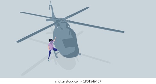 Virtual Augmented Reality Concept. Male character with VR Glasses playing action game. Helicopters and guns. New Technology Experience Gadgets .easy to use and customize.Flat Vector Illustration.