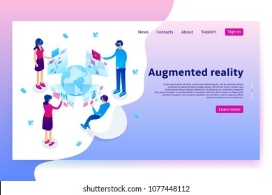 Virtual Augmented Reality Concept. Modern Concept Of With People Learning Different Information In VR Glasses. Vector Illustration With Isometric Men And Women.