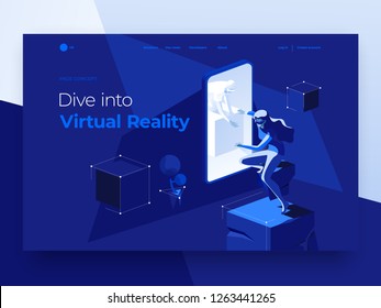 Virtual augmented reality concept with people playing a video game on the dark blue background. A man in a smartphone gives his hand to a woman. Landing page. 3d vector isometric illustration.