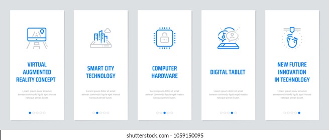 Virtual augmented reality concept , Smart city technology, Computer hardware, Digital tablet, New future innovation in technology Vertical Cards with strong metaphors. Template for website design.