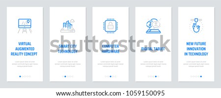 Virtual augmented reality concept , Smart city technology, Computer hardware, Digital tablet, New future innovation in technology Vertical Cards with strong metaphors. Template for website design.