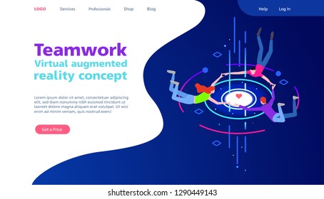 Virtual augmented reality concept. Teamwork. Social Media Concept for web site. Communication via the Internet, social networking, chat, web site, search friends, mobile web graphics in modern colors
