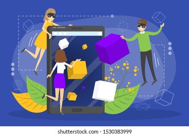 Virtual and augmented reality concept. Vr glasses for playing game. Future technology . Digital innovation. Vector illustration in cartoon style