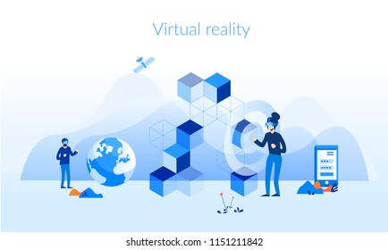 Virtual augmented reality Concept for web page, banner, presentation, social media, documents, cards, posters. Vector illustration, computer game and education, VR device