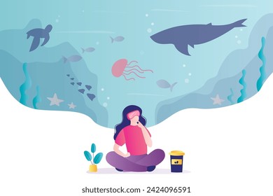 Virtual or augmented reality concept. Woman with AR glasses. Female character uses vr headset technology and explores the underwater world. Entertainment and visual experience. vector illustration