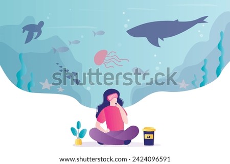 Virtual or augmented reality concept. Woman with AR glasses. Female character uses vr headset technology and explores the underwater world. Entertainment and visual experience. vector illustration